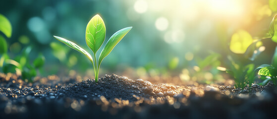 Young Plant Sprout in Soil at Sunrise.
