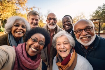 Obraz premium Smiling diverse group of seniors taking a selfie outdoors
