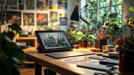 Creative workspace with tablet displaying artwork, desk lamp, art supplies, and plants.