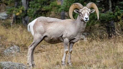 Obraz premium A bighorn sheep stands in a natural setting, showcasing its impressive curved horns.