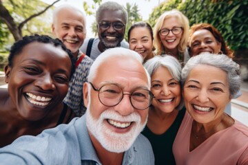 Obraz premium Smiling diverse group of seniors taking a selfie outdoors