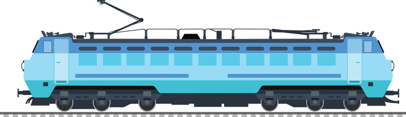 Electric locomotive with white background, side view of a train on track, vector