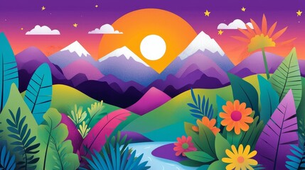 A dazzling sunset above towering mountains, featuring a meandering river.