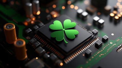 Lucky Chip:  A four-leaf clover rests atop a microchip, symbolizing good fortune and technological advancement.