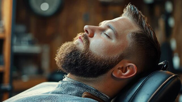 Stylish man sits relax in classic barbershop. Fashionable fresh beard haircut, modern grooming trends. Vintage decor. Male face close up. Elegance, art of barbering. Self-care.