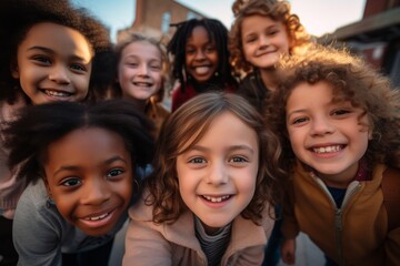 Obraz premium Smiling diverse group of kids taking a selfie outdoors
