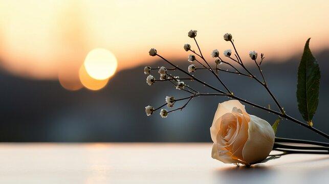 Sunset rose and sprigs on table.