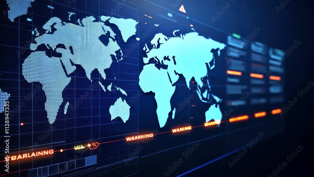 Poster digital world map interface with data visualization and technology elements