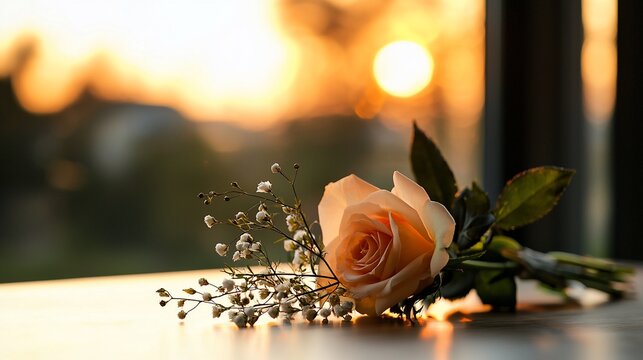 Peach rose bouquet on table at sunset.