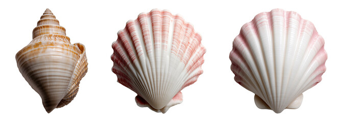 set of spiralled and scallop shell isolated on a transparent background