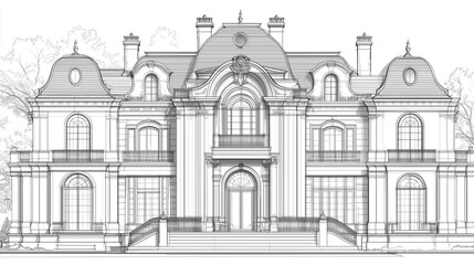 Professional blueprint of a Baroque-style European mansion, showcasing the opulence and grandeur of the Baroque period. The drawing emphasizes curves, elaborate facades, and decorative details .