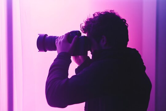 A photographer’s silhouette adjusting a camera, seen through frosted glass in a studio, soft violet light casting over the camera equipment, creating a creative and professional mood 2