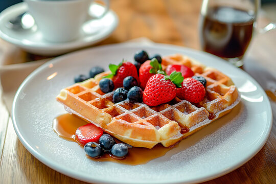 A plate of golden Belgian waffles garnished with vibrant fresh fruits and powdered sugar, accompanied by cups of latte and espresso. A perfect breakfast or brunch scene on a rustic wooden table.