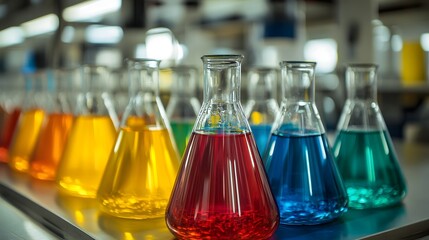 Glass flasks filled with vibrant liquids, their smooth surfaces capturing the intricate light reflections, arranged neatly in a laboratory, with detailed focus on the glass and colors.