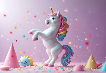 Fototapeta premium a unicorn with a rainbow mane and tail is standing in front of a purple background.
