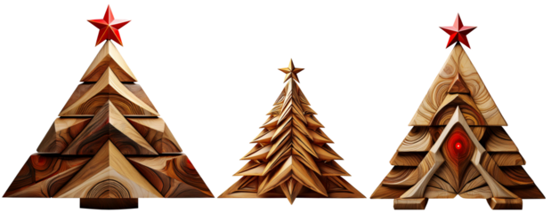 Collection of small wooden Christmas trees with wooden comet star, isolated on white or transparent background, png. Generative Ai.
