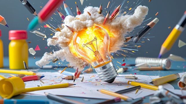 A light bulb radiates fiery clouds, representing creativity and ideas.