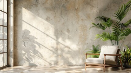 Chic interior showcasing a sleek armchair and a leafy plant beside a neutral plaster wall