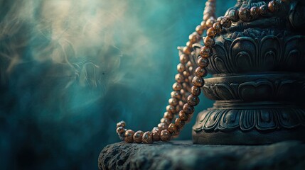 Obraz premium Sacred beads draped over a stone statue, their soft light reflecting ancient traditions, set against a deep, meditative background