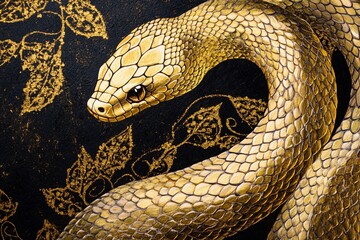 Fototapeta premium A golden snake coiled in an elegant spiral, with intricate patterns of gold leaf shimmering on its scales, set against a dark background, showcasing its graceful beauty 3