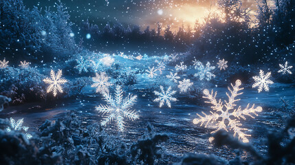  A fantasy winter wonderland with oversized glowing snowflakes floating above a crystalline landscape (1)