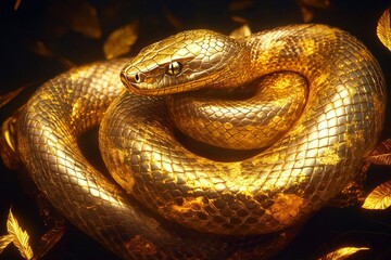 Obraz premium A golden snake, coiled in a regal pose with shimmering scales, its golden leaf patterns glowing softly against a dark background, captured in a high-quality photo 5