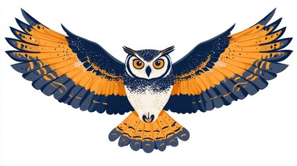 Obraz premium A simple flat illustration of an owl flying with wings spread, clean vector style, on a white background