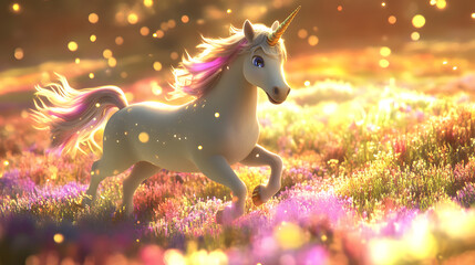A magical 3D cartoon unicorn galloping through a rainbow-filled meadow.