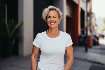 Naklejka premium Portrait of a middle aged body positive Caucasian woman in sporty white t shirt outside