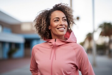 Fototapeta premium Portrait of a middle aged body positive African American woman in sporty clothes outside