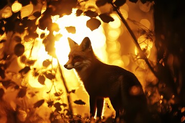 A fox silhouette merged with a golden forest scene, sunlight softly filtering through leaves, creating an intimate and tranquil composition, close-up 5
