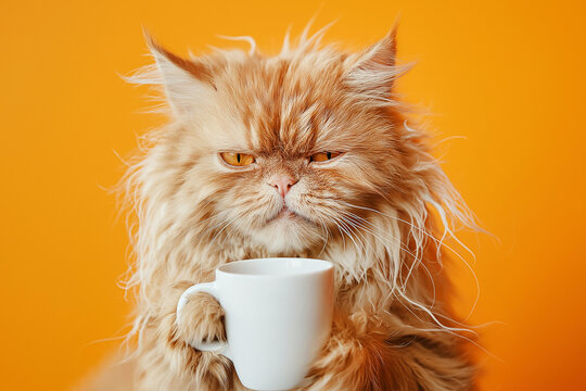 Fluffy Persian Cat Holding A Coffee Mug Against Orange Background. Funny sleepy tired orange cat with tangled fur holding a coffee cup, morning exhaustion, need for caffeine. I hate Mondays concept