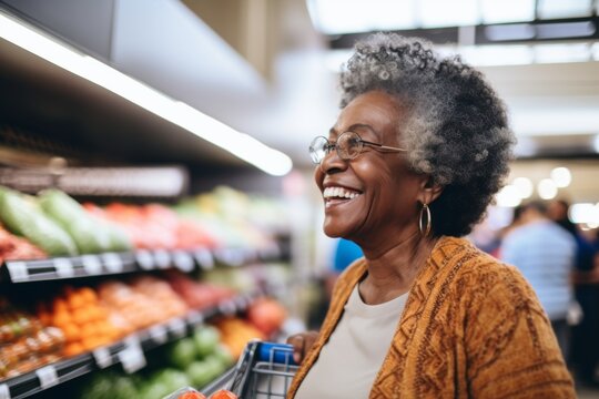Senior African American woman shopping in grocery store