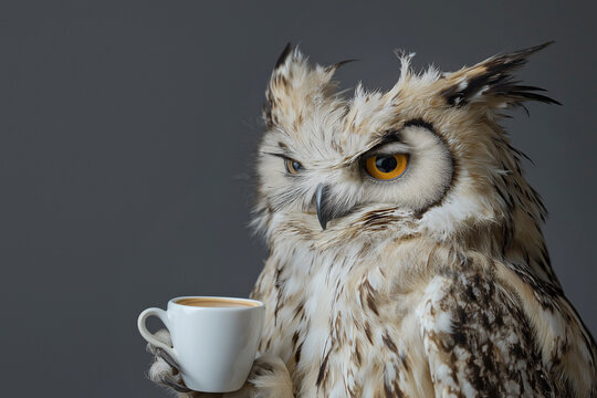 Sleepy tired, grumpy owl with wild feathers, holding a coffee cup, embodying the need for hot coffee or a caffeine and a humorous take on sleepiness. I hate Mondays concept