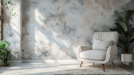 Chic interior showcasing a sleek armchair and a leafy plant beside a neutral plaster wall