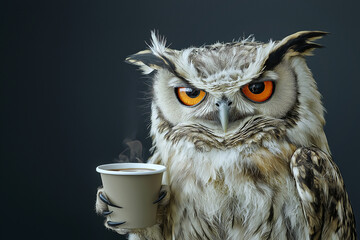 Sleepy tired, grumpy owl with wild feathers, holding a coffee cup, embodying the need for hot coffee or a caffeine and a humorous take on sleepiness. I hate Mondays concept
