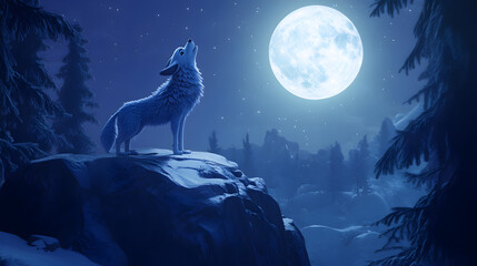 A majestic 3D cartoon wolf howling at the full moon on a rocky cliff.
