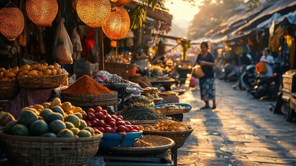 Vibrant Asian market scene at sunset, showcasing colorful produce, spices, and bustling activity.