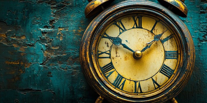 An antique clock with Roman numerals against a textured background.