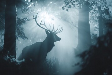 A deer silhouette blended with dense forest, sunlight piercing through fog, creating an ethereal and harmonious atmosphere, medium close-up 3