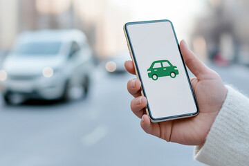 Smartphone displaying taxi app icon held by hand in urban street setting, representing modern transportation solutions and the convenience of ordering a ride from a mobile device, urban mobility.