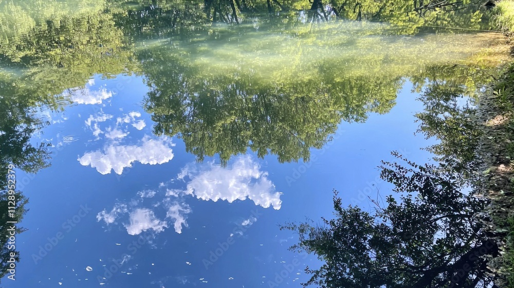 Poster Serene Lakeside Forest with Ethereal Reflections in the Calm Waters