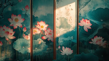 Vibrant lotus flower mural tranquil garden art piece serene environment close-up view peace and beauty concept