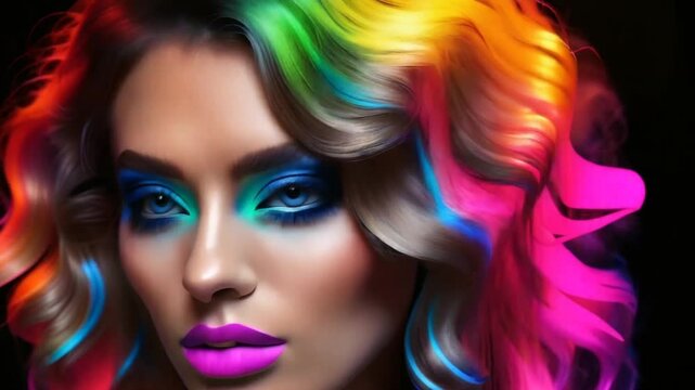 Animated portrait of a woman in fluorescent colorful lught with fashio makeup.