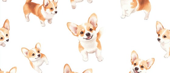 Fototapeta premium Adorable Watercolor Painting of Playful Corgi Dogs Seamless Pattern