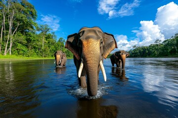 A vibrant photo of a group of elephants enjoying a bath in a river, surrounded by a lush tropical landscape