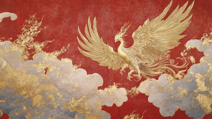 Majestic phoenix rising mythical realm digital art fiery background aerial view symbol of rebirth and renewal