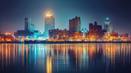 Naklejka premium Dazzling Cityscape Reflected on Glimmering River at Twilight