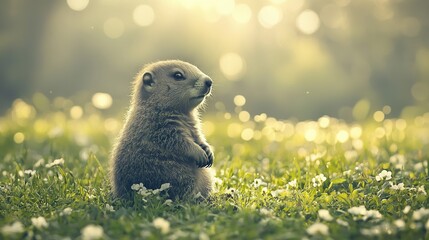 On Groundhog Day, a delightful groundhog with a sweet smile pops out of its burrow, amid a sea of blooming spring flowers and verdant grass.