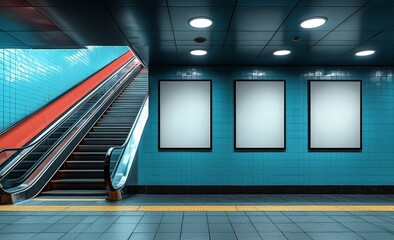 A visual representation of a poster mockup featuring ads on the escalator of a NYC subway station, created in 3D.